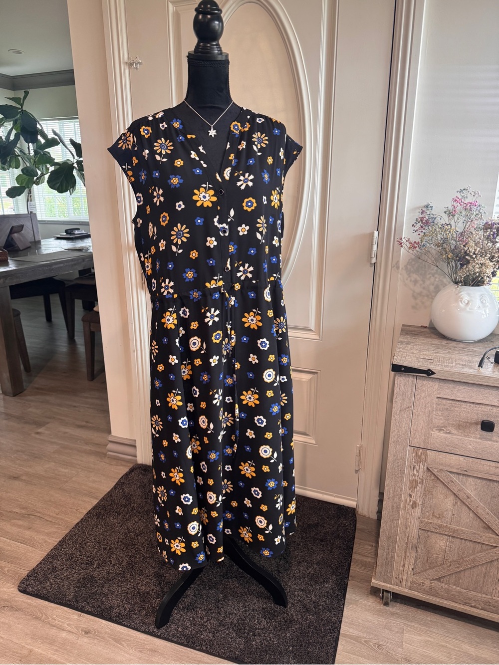 Anne Klein Black Midi Dress with Yellow & Blue Floral Print